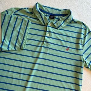 Nautica Size Large 14/16 Short Sleeve Youth Green and Blue Striped Polo Shirt